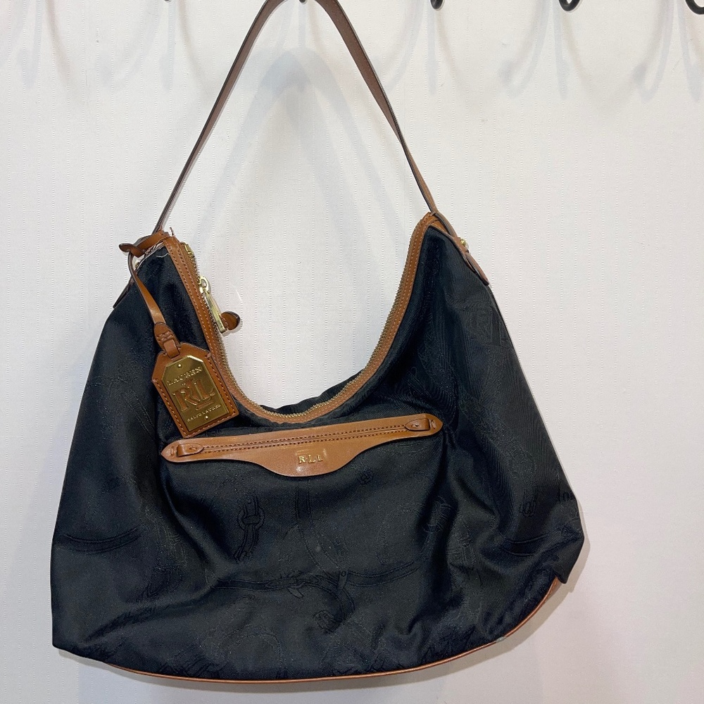 RALPH LAUREN Black Nylon Brown Leather Strap Tote